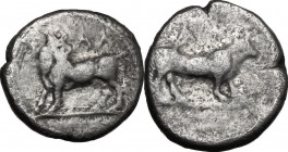 Greek Italy. Bruttium, Laus. AR Triobol, c. 480-460 BC. Obv. Man-headed bull standing left, looking backwards; above, ΛA. Rev. Calf standing right; ab...