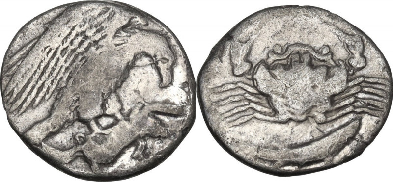 Sicily. Akragas. AR Hemidrachm, 410-406 BC. Obv. Eagle on hare right. Rev. Crab;...