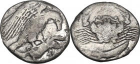 Sicily. Akragas. AR Hemidrachm, 410-406 BC. Obv. Eagle on hare right. Rev. Crab; below, fish. HGC 2 105; SNG ANS 1010; Weber 1198. AR. 1.99 g. 15.00 m...