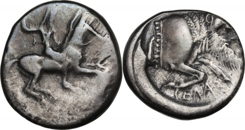 Sicily. Gela. AR Didrachm, c. 490/85-480/75 BC. Obv. Warrior, nude but for helme...
