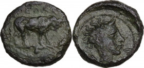 Sicily. Gela. AE Onkia, 420-405 BC. Obv. Bull standing right. Rev. Head of river god right. CNS III 21; HGC 2 383. AE. 1.01 g. 11.00 mm. Dark olive gr...