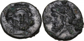 Sicily. Gela. AE 14 mm, 4th century BC. Obv. Head of Demeter facing slightly right, wearing wreath of grain. Rev. Head of Gelas left, horned, wearing ...