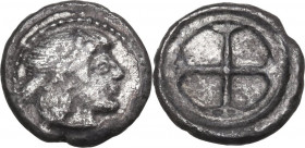Sicily. Syracuse. Deynomenid Tyranny (485-466 BC). AR Litra, 475-470 BC. Obv. Head of Arethusa right. Rev. Wheel with four spokes. HGC 2 1371; SNG ANS...