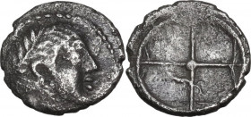 Sicily. Syracuse. Deynomenid Tyranny (485-466 BC). AR Litra, 470-460 BC. Obv. Head of Arethusa right, laureate. Rev. Wheel with four spokes. Cf. HGC 2...