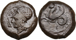 Sicily. Syracuse. Dionysios I to Dionysios II. AE Litra, c. 375-344 BC. Obv. Head of Athena left, wearing Corinthian helmet decorated with wreath; bef...