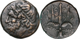 Sicily. Syracuse. Hieron II (274-215 BC). AE 19 mm, c. 240-215 BC. Obv. Diademed head of Poseidon left. Rev. Ornamented trident flanked by dolphins. C...