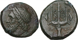 Sicily. Syracuse. Hieron II (275-215 BC). AE 19 mm, c. 240-215 BC. Obv. Diademed head of Poseidon left. Rev. Ornamented trident head flanked by two do...