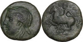 Sicily. Tyndaris. AE 19 mm, c. 287-279 BC. Obv. Female head left. Rev. The Dioskouroi riding left. CNS I 12; HGC 2 1634; Jenkins, Gela, Group VI, 401–...