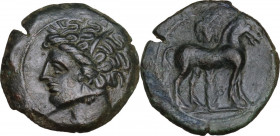 Punic Sicily. AE 18 mm, late 4th-early 3rd century BC. Obv. Head of Tanit left, wearing wreath. Rev. Horse standing right; behind, palm tree. SNG Cop....