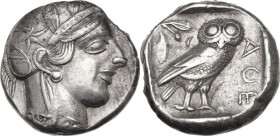 Continental Greece. Attica, Athens. AR Tetradrachm, 479-393 BC. Obv. Head of Athena right, helmeted, with frontal eyes. Rev. Owl standing right, head ...