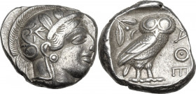 Continental Greece. Attica, Athens. AR Tetradrachm, c. 454-404 BC. Obv. Helmeted head of Athena right, with frontal eye. Rev. Owl standing right, head...
