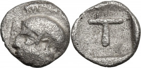Continental Greece. Arkadia, Tegea. AR Fraction, c. 423-400 BC. Obv. Head of Athena Alea left, helmeted. Rev. T within incuse square. BCD Peloponnesos...