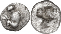 Greek Asia. Uncertain mint. AR Tetartemorion, c. 4th century BC. Obv. Seated nude figure left, seen from behind. Rev. Quadripartite incuse square. AR....