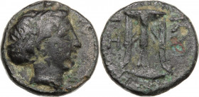 Greek Asia. Mysia, Kyzikos. AE 11 m, 4th century BC. Obv. Head of Kore Soteira right, wearing wreath. Rev. Tripod; below, tuna. SNG Cop. 56. AE. 1.54 ...