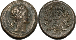 Greek Asia. Mysia, Kyzikos. AE 18 mm, 2nd-1st century BC. Obv. Head of Kore Soteira right, wearing wreath of corn. Rev. Monogram within oak-wreath. BM...