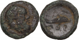Greek Asia. Island off Mysia, Pordosilene. AE 9 mm, 400-380 BC. Obv. Head of Silenos right. Rev. Dolphin right. HGC 6, 1100. AE. 0.57 g. 9.00 mm. RR. ...