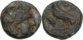 Greek Asia. Troas, Abydos. AE 9 mm, 4th century BC. Obv. Head of Apollo right, laureate. Rev. Eagle standing left; before, symbol. SNG Cop. 36 (differ...