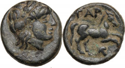 Greek Asia. Troas, Gargara. AE 9 mm, 420-400 BC. Obv. Head of Apollo right, laureate. Rev. Horse galloping right; below, bunch of grapes. SNG Cop. 330...