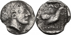 Greek Asia. Lesbos, Methymna. AR Hemiiobol, 450-400 BC. Obv. Head of nymph right. Rev. Rooster standing right within incuse square. HGC 6, 893. AR. 0....