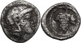 Greek Asia. Lesbos, Methymna. AR Hemiobol, 450-406 BC. Obv. Head of Athena right, helmeted. Rev. Bunch of grapes. Franke 17. Traitè 2261. HGC 6, 905. ...