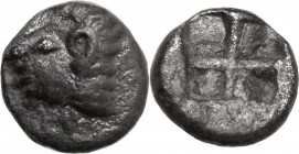 Greek Asia. Ionia, Kolophon. AR Tetartemorion, 530-500 BC. Obv. Head of Apollo left. Rev. Incuse square with four fields. SNG Kayhan 342. AR. 0.18 g. ...