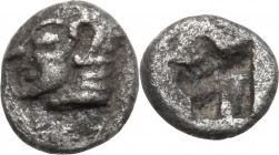 Greek Asia. Ionia, Kolophon. AR Tetartemorion, 530-500 BC. Obv. Head of Apollo left. Rev. Incuse punch. SNG v. Aulock 1810. SNG Kayhan 343. AR. 0.18 g...