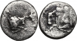 Greek Asia. Caria, uncertain mint. AR Hemiobol, 5th century BC. Obv. Foreparts of two bulls facing each other. Rev. Forepart of bull left. SNG Keckman...