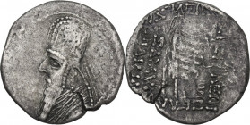 Greek Asia. Kings of Parthia. Gotarzes I (95-87 BC). AR Drachm. Raghae mint. Obv. Diademed bust left, wearing tiara ornamented with horn. Rev. Arsakes...