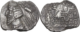 Greek Asia. Kings of Parthia. Phraates IV (38-32 BC). AR Drachm. Obv. Diademed bust left, wart on forehead; eagle flying left behind. Rev. Arsakes I s...