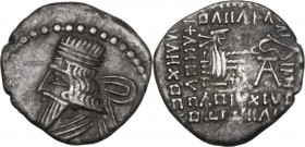 Greek Asia. Kings of Parthia. Vologases III (105-147 AD). AR Drachm. Obv. Diademed bust left with pointed beard, wearing tiara. Rev. Arsakes I seated ...