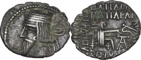 Greek Asia. Kings of Parthia. Vologases III (105-147 AD). AR Drachm. Obv. Diademed bust left with pointed beard, wearing tiara. Rev. Arsakes I seated ...