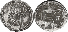 Greek Asia. Kings of Parthia. Vologases VI (208-228 AD). AR Drachm, Ekbatana mint. Obv. Diademed bust left, wearing long pointed beard and tiara with ...
