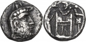 Greek Asia. Persis. Darius I (2nd cent BC). AR Hemidrachm. Obv. Head right in satrapal headdress with crescent. Rev. King at altar with Ahura-Mazda an...
