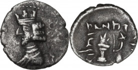 Greek Asia. Persis. Ardashir II (c. 50-1 BC). AR Hemidrachm. Obv. Crowned bust of king left. Rev. Figure holding sword standing before altar. Alram 57...