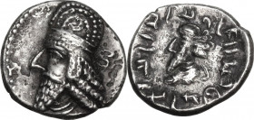 Greek Asia. Persis. Vadfradad IV (c. 1st cent. AD). AR Drachm. Obv. Diademed bust of king left, wearing decorated cap with train covering hair. Rev. B...