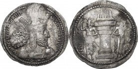 Greek Asia. Sasanian Empire. Shapur I (241-272). AR Drachm. Obv. Draped bust right, wearing diadem and mural crown surmounted by a korymbos. Rev. Fire...