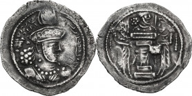 Greek Asia. Sasanian Empire. Shapur III (383-388). AR Drachm. Obv. Bust right wearing flat-topped crown with korymbos. Rev. Fire altar flanked by two ...