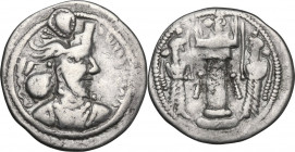 Greek Asia. Sasanian Empire. Varhran IV (388-399). AR Drachm. Obv. Bust of Varhran IV right, wearing winged merlon crown with korymbos. Rev. Fire alta...