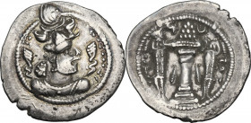 Greek Asia. Sasanian Empire. Peroz (457-483). AR Drachm, WH mint, Weh-Andiyok-Shapur, Khuzistan. Obv. Draped bust of Peroz I to right, wearing mural c...