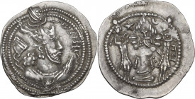 Greek Asia. Sasanian Empire. Balash (484-488). AR Drachm, AT mint, Adurbadagan. Obv. Crowned bust right, flame at shoulder. Rev. Fire altar with atten...