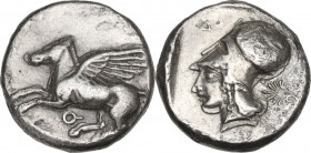 Continental Greece. Corinthia, Corinth. AR Stater, 430-415 BC. D/ Pegasos flying left; below, koppa. R/ Helmeted head of Athena left; above vizor, Δ; ...