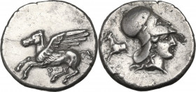 Continental Greece. Corinthia, Corinth. AR Stater, c. 405-345 BC. D/ Pegasos flying left; below, koppa. R/ Helmeted head of Athena right; behind, fore...