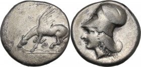 Continental Greece. Corinthia, Corinth. AR Stater, c. 400-380 BC. D/ Pegasos grazing left; below, koppa. R/ Helmeted head of Athena left. Pegasi 215; ...