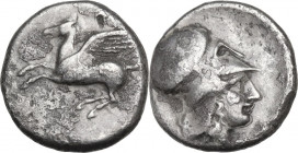 Continental Greece. Corinthia, Corinth. AR Stater, c. 405-345 BC. D/ Pegasos flying left; below, koppa. R/ Helmeted head of Athena right. Pegasi 219; ...