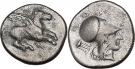 Continental Greece. Corinthia, Corinth. AR Stater, c. 405-345 BC. D/ Pegasos flying right; below, koppa. R/ Helmeted head of Athena right; behind, tri...