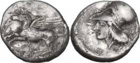 Continental Greece. Corinthia, Corinth. AR Stater, c. 405-345 BC. D/ Pegasos flying left; below, koppa. R/ Helmeted head of Athena left. Cf. Pegasi 34...