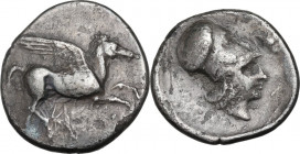 Continental Greece. Corinthia, Corinth. AR Stater, c. 405-345 BC. D/ Pegasos flying right. R/ Helmeted head of Athena right; behind, Σ; above vizor, d...