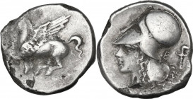 Continental Greece. Corinthia, Corinth. AR Stater, c. 345-307 BC. D/ Pegasos flying left; koppa below. R/ Helmeted head of Athena left; behind, E and ...