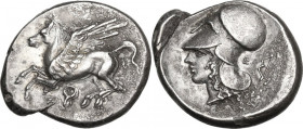 Continental Greece. Corinthia, Corinth. AR Stater, 375-300 BC. D/ Pegasos flying left; below, koppa. R/ Helmeted head of Athena left; behind, E and bo...