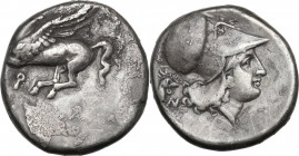 Continental Greece. Corinthia, Corinth. AR Stater, c. 345-307 BC. D/ Pegasos flying left; below, koppa. R/ Helmeted head of Athena right; behind, N an...